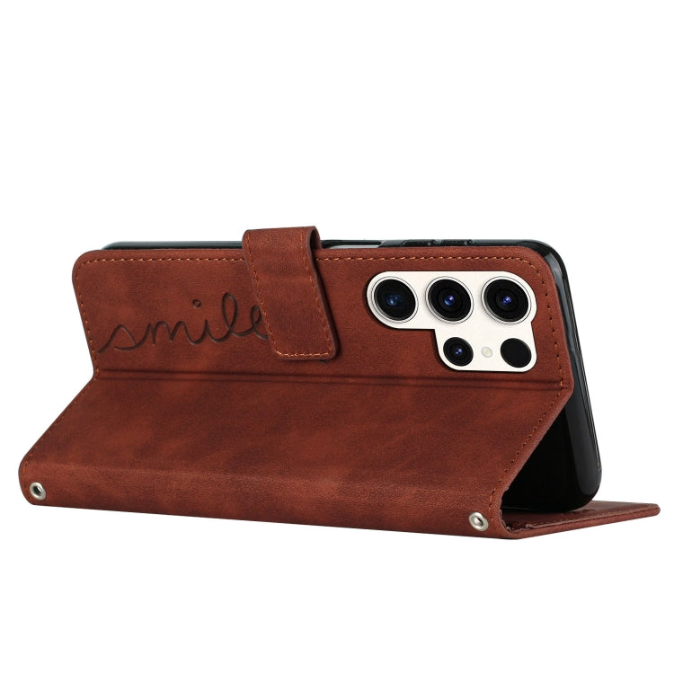 For Samsung Galaxy S25 Ultra 5G Skin Feel Heart Embossed Leather Phone Case with Long Lanyard(Brown) - Galaxy S25 Ultra 5G Cases by PMC TechLife | Online Shopping South Africa | PMC TechLife | Buy Now Pay Later Mobicred