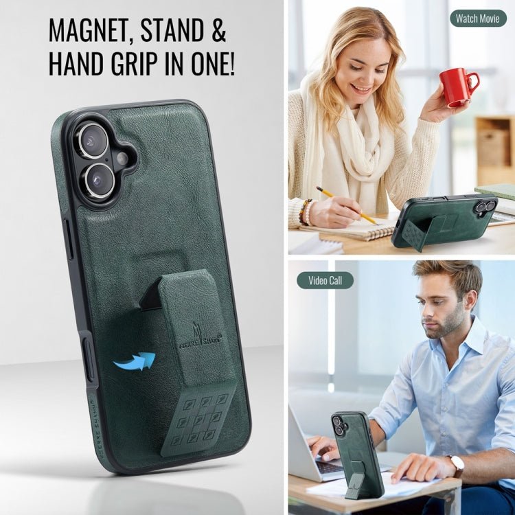 For iPhone 16 Plus Fierre Shann Oil Wax Cow Leather Holder Back Phone Case(Green) - iPhone 16 Plus Cases by FIERRE SHANN | Online Shopping South Africa | PMC Jewellery | Buy Now Pay Later Mobicred