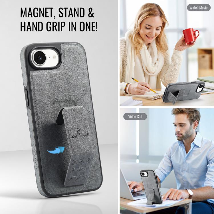 For iPhone 16e Fierre Shann Oil Wax Cow Leather Holder Back Phone Case(Grey) - free shipping - PMc TechLife - Order now!