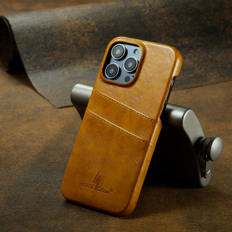 For iPhone 16 Pro Fierre Shann Retro Oil Wax Texture Card Slots PU Leather Phone Case(Yellow) - free shipping - PMC Jewellery - Order now!