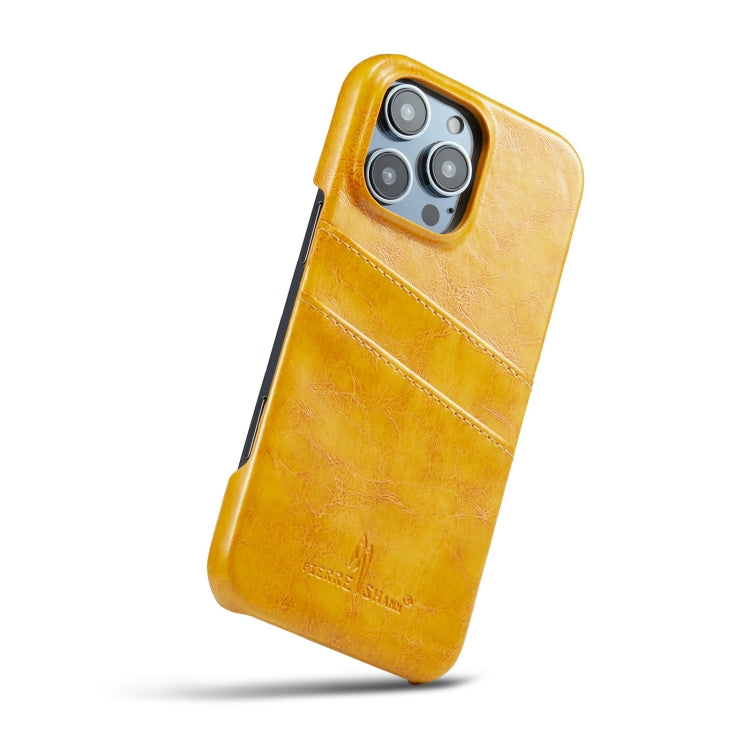 For iPhone 16 Pro Fierre Shann Retro Oil Wax Texture Card Slots PU Leather Phone Case(Yellow) - free shipping - PMC Jewellery - Order now!