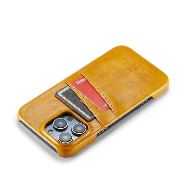 For iPhone 16 Pro Fierre Shann Retro Oil Wax Texture Card Slots PU Leather Phone Case(Yellow) - free shipping - PMC Jewellery - Order now!
