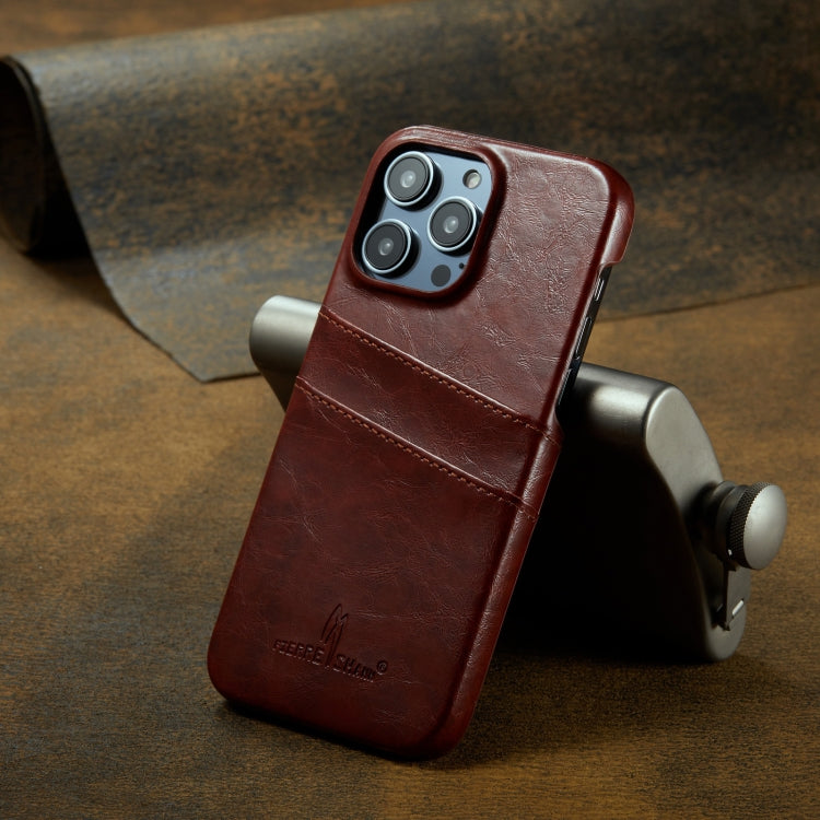For iPhone 16 Pro Fierre Shann Retro Oil Wax Texture Card Slots PU Leather Phone Case(Brown) - free shipping - PMC Jewellery - Order now!