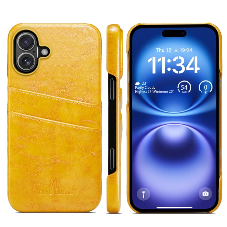 For iPhone 16 Plus Fierre Shann Retro Oil Wax Texture Card Slots PU Leather Phone Case(Yellow) - free shipping - PMC Jewellery - Order now!