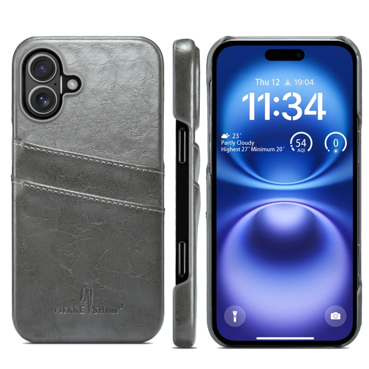 For iPhone 16 Fierre Shann Retro Oil Wax Texture Card Slots PU Leather Phone Case(Grey) - free shipping - PMC Jewellery - Order now!