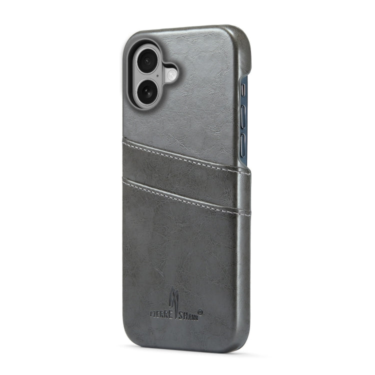For iPhone 16 Fierre Shann Retro Oil Wax Texture Card Slots PU Leather Phone Case(Grey) - free shipping - PMC Jewellery - Order now!