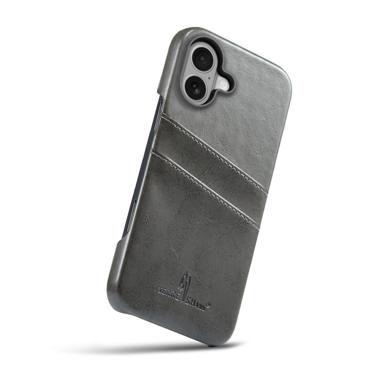 For iPhone 16 Fierre Shann Retro Oil Wax Texture Card Slots PU Leather Phone Case(Grey) - free shipping - PMC Jewellery - Order now!