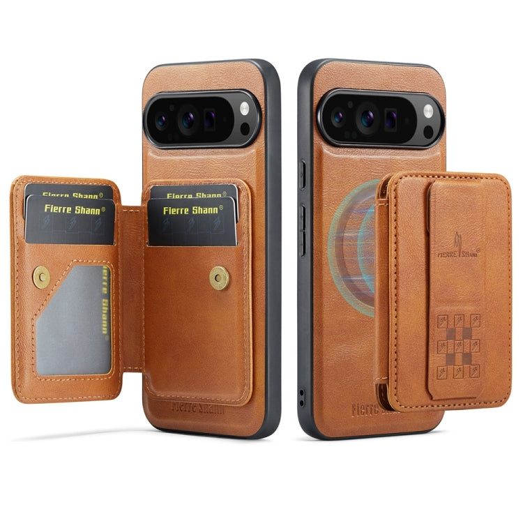 For Google Pixel 9 Pro XL Fierre Shann Cowhide Horizontal Flip Magnetic Card Holder Phone Case(Brown) - Google Cases by FIERRE SHANN | Online Shopping South Africa | PMC TechLife | Buy Now Pay Later Mobicred