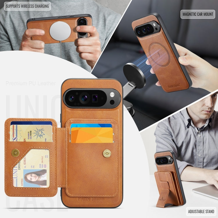 For Google Pixel 9 Pro XL Fierre Shann Cowhide Horizontal Flip Magnetic Card Holder Phone Case(Brown) - Google Cases by FIERRE SHANN | Online Shopping South Africa | PMC TechLife | Buy Now Pay Later Mobicred