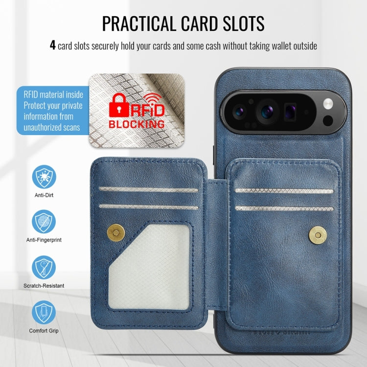 For Google Pixel 9 Pro XL Fierre Shann Cowhide Horizontal Flip Magnetic Card Holder Phone Case(Blue) - free shipping - PMC TechLife - Order now!