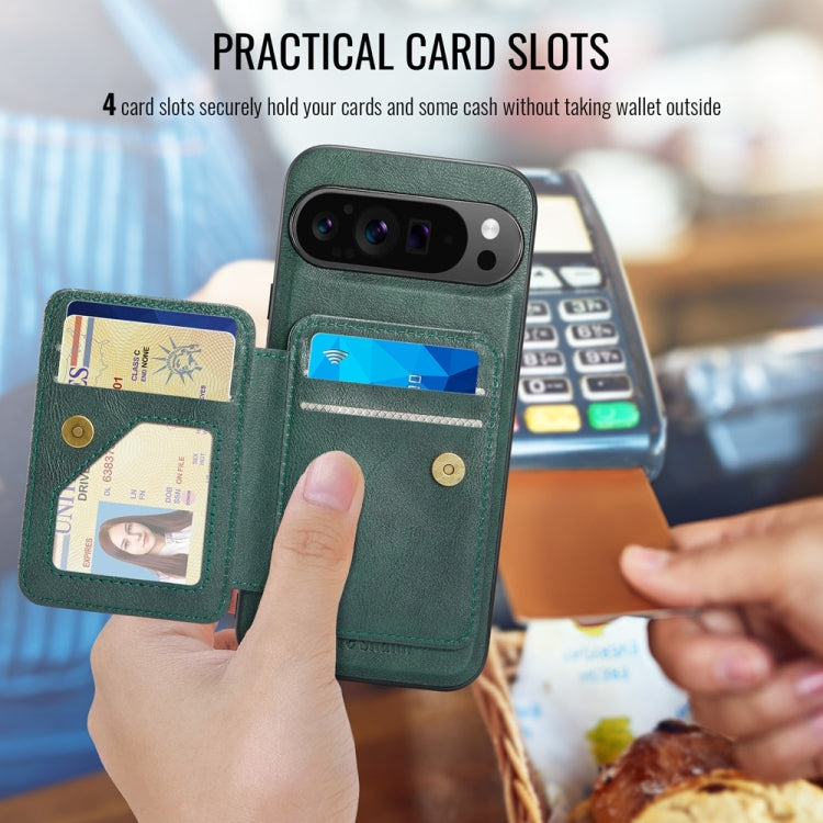 For Google Pixel 9 Pro XL Fierre Shann Cowhide Horizontal Flip Magnetic Card Holder Phone Case(Green) - Google Cases by FIERRE SHANN | Online Shopping South Africa | PMC TechLife | Buy Now Pay Later Mobicred