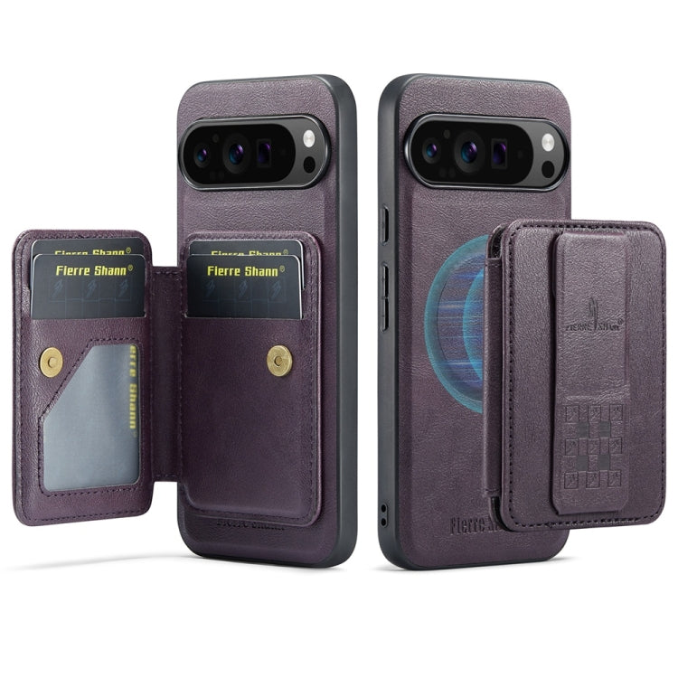 For Google Pixel 9 Pro XL Fierre Shann Cowhide Horizontal Flip Magnetic Card Holder Phone Case(Purple) - Google Cases by FIERRE SHANN | Online Shopping South Africa | PMC TechLife | Buy Now Pay Later Mobicred