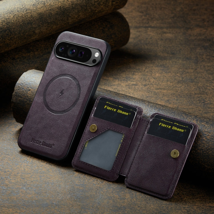 For Google Pixel 9 Pro XL Fierre Shann Cowhide Horizontal Flip Magnetic Card Holder Phone Case(Purple) - Google Cases by FIERRE SHANN | Online Shopping South Africa | PMC TechLife | Buy Now Pay Later Mobicred