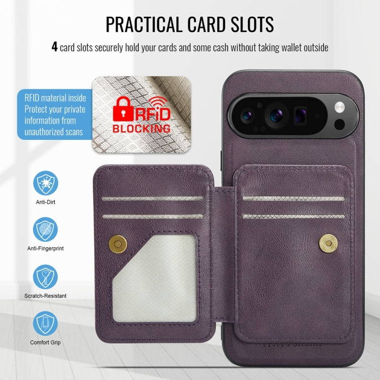 For Google Pixel 9 Pro XL Fierre Shann Cowhide Horizontal Flip Magnetic Card Holder Phone Case(Purple) - Google Cases by FIERRE SHANN | Online Shopping South Africa | PMC TechLife | Buy Now Pay Later Mobicred