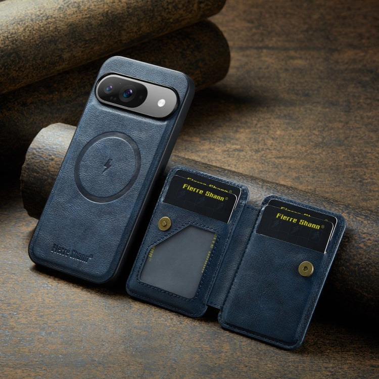For Google Pixel 9 / 9 Pro Fierre Shann Cowhide Horizontal Flip Magnetic Card Holder Phone Case(Blue) - Google Cases by FIERRE SHANN | Online Shopping South Africa | PMC TechLife | Buy Now Pay Later Mobicred