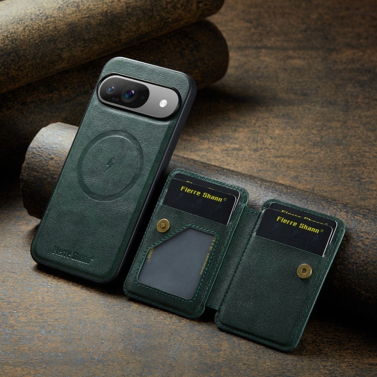 For Google Pixel 9 / 9 Pro Fierre Shann Cowhide Horizontal Flip Magnetic Card Holder Phone Case(Green) - Google Cases by FIERRE SHANN | Online Shopping South Africa | PMC TechLife | Buy Now Pay Later Mobicred
