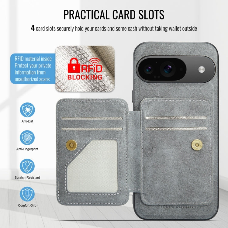 For Google Pixel 9 / 9 Pro Fierre Shann Cowhide Horizontal Flip Magnetic Card Holder Phone Case(Grey) - Google Cases by FIERRE SHANN | Online Shopping South Africa | PMC TechLife | Buy Now Pay Later Mobicred