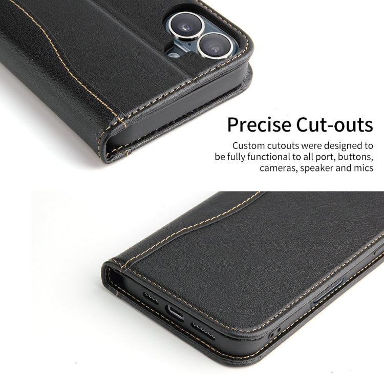 For iPhone 16 Fierre Shann Cowhide Leather Flip Leather Phone Case(Black) - free shipping - PMC Jewellery - Order now!
