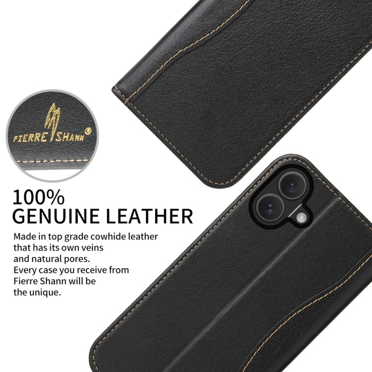 For iPhone 16 Fierre Shann Cowhide Leather Flip Leather Phone Case(Black) - free shipping - PMC Jewellery - Order now!