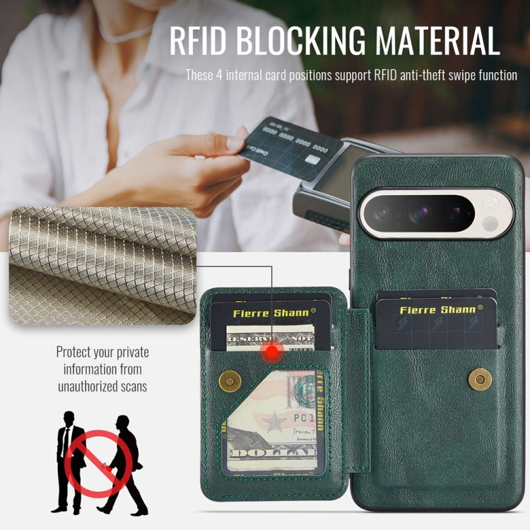 For Google Pixel 9 Pro XL Fierre Shann Oil Wax Cow Leather Card Holder Back Phone Case(Green) - Google Cases by FIERRE SHANN | Online Shopping South Africa | PMC TechLife | Buy Now Pay Later Mobicred