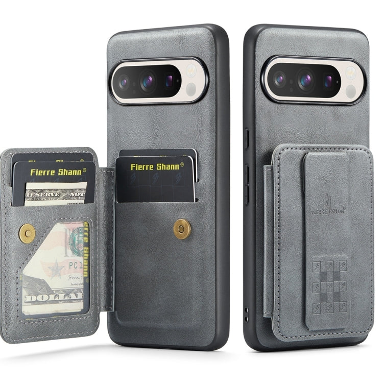 For Google Pixel 9 Pro XL Fierre Shann Oil Wax Cow Leather Card Holder Back Phone Case(Grey) - free shipping - PMC TechLife - Order now!