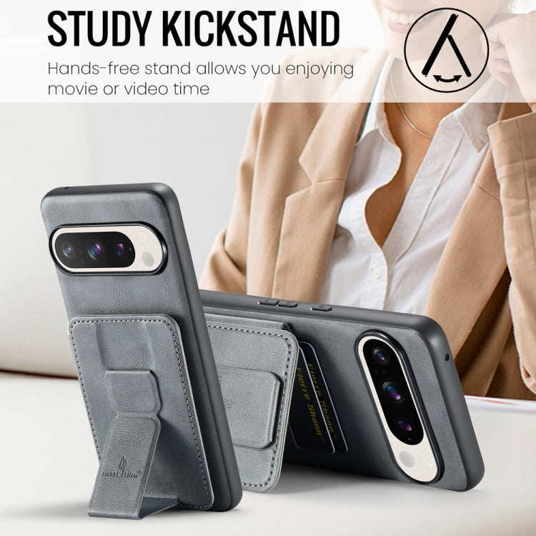 For Google Pixel 9 Pro XL Fierre Shann Oil Wax Cow Leather Card Holder Back Phone Case(Grey) - free shipping - PMC TechLife - Order now!