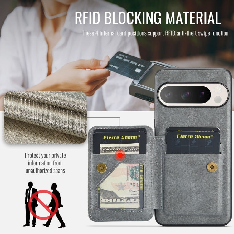 For Google Pixel 9 / 9 Pro Fierre Shann Oil Wax Cow Leather Card Holder Back Phone Case(Grey) - Google Cases by FIERRE SHANN | Online Shopping South Africa | PMC TechLife | Buy Now Pay Later Mobicred
