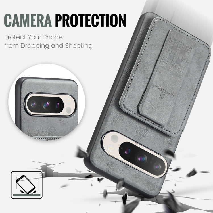 For Google Pixel 9 / 9 Pro Fierre Shann Oil Wax Cow Leather Card Holder Back Phone Case(Grey) - Google Cases by FIERRE SHANN | Online Shopping South Africa | PMC TechLife | Buy Now Pay Later Mobicred