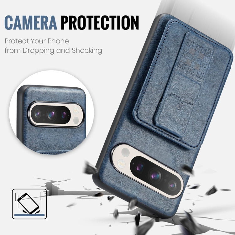 For Google Pixel 9 / 9 Pro Fierre Shann Oil Wax Cow Leather Card Holder Back Phone Case(Blue) - free shipping - PMC TechLife - Order now!