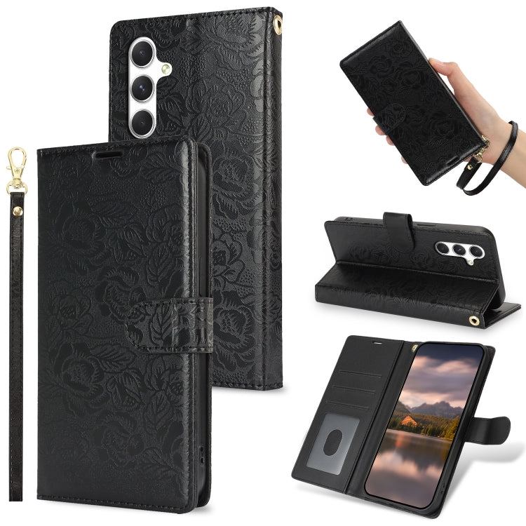 For Samsung Galaxy S25 5G Peony Flowers Imprint Leather Phone Case(Black) - Galaxy S25 5G Cases by PMC Jewellery | Online Shopping South Africa | PMC Jewellery | Buy Now Pay Later Mobicred