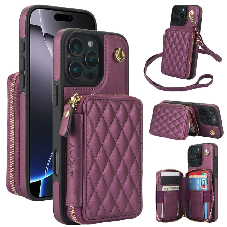 For iPhone 16 Pro Max AwQuer Crossbody Zipper Wallet Rhombic Leather Back Phone Case(Dark Purple) - free shipping - PMC Jewellery - Order now!