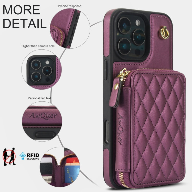 For iPhone 16 Pro Max AwQuer Crossbody Zipper Wallet Rhombic Leather Back Phone Case(Dark Purple) - free shipping - PMC Jewellery - Order now!