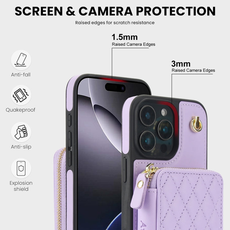 For iPhone 16 Pro Max AwQuer Crossbody Zipper Wallet Rhombic Leather Back Phone Case(Purple) - free shipping - PMC Jewellery - Order now!