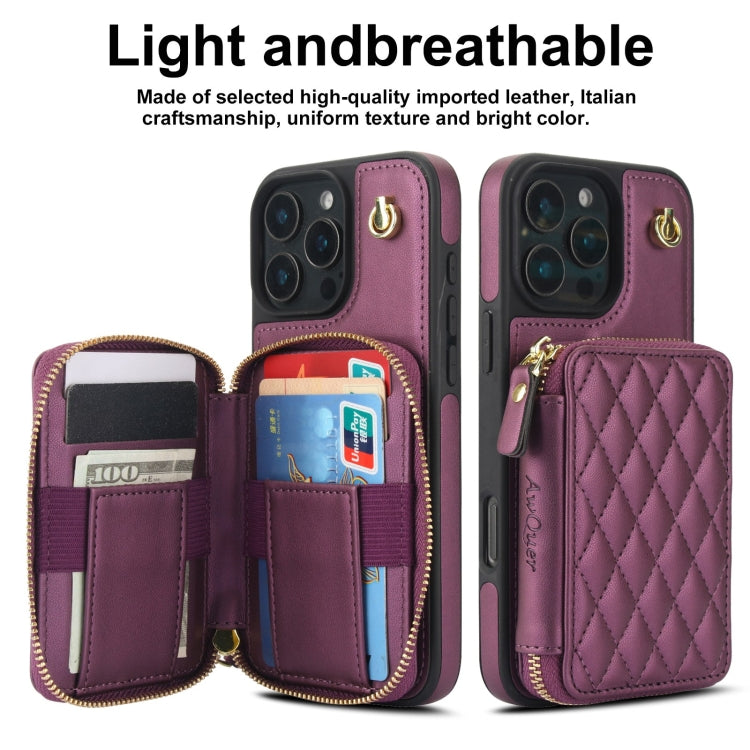 For iPhone 16 Pro AwQuer Crossbody Zipper Wallet Rhombic Leather Back Phone Case(Dark Purple) - free shipping - PMC Jewellery - Order now!