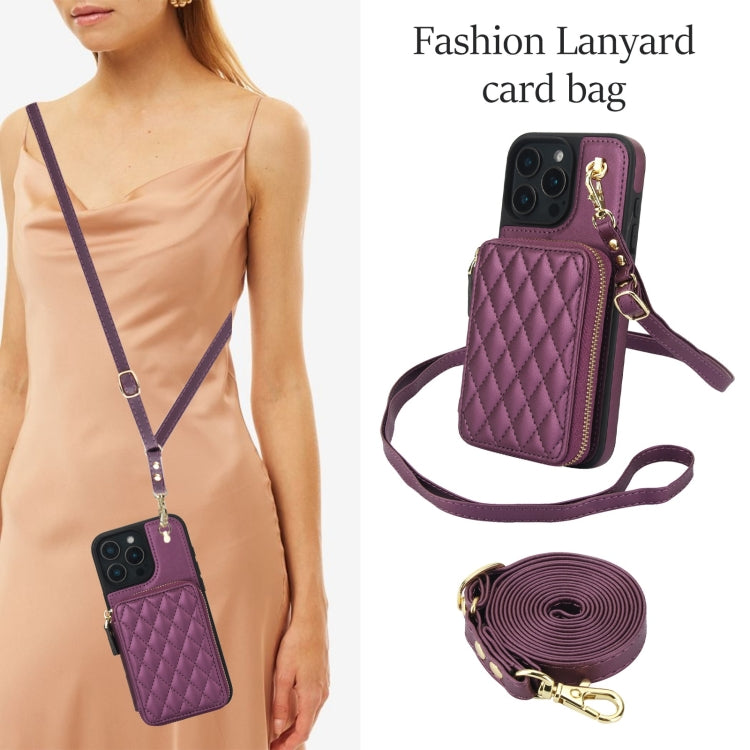 For iPhone 16 Pro AwQuer Crossbody Zipper Wallet Rhombic Leather Back Phone Case(Dark Purple) - free shipping - PMC Jewellery - Order now!