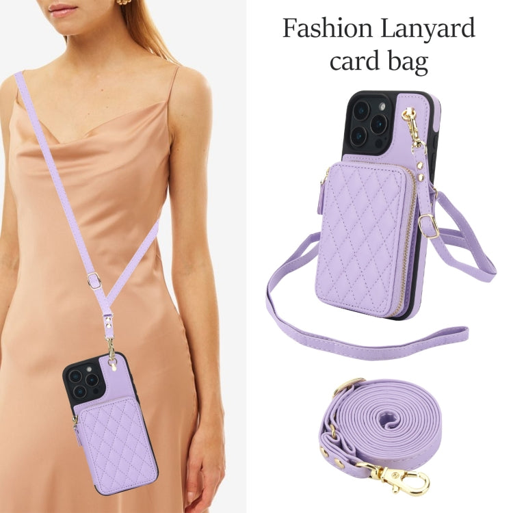 For iPhone 16 Pro AwQuer Crossbody Zipper Wallet Rhombic Leather Back Phone Case(Purple) - free shipping - PMC Jewellery - Order now!