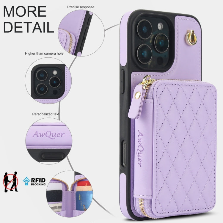 For iPhone 16 Pro AwQuer Crossbody Zipper Wallet Rhombic Leather Back Phone Case(Purple) - free shipping - PMC Jewellery - Order now!