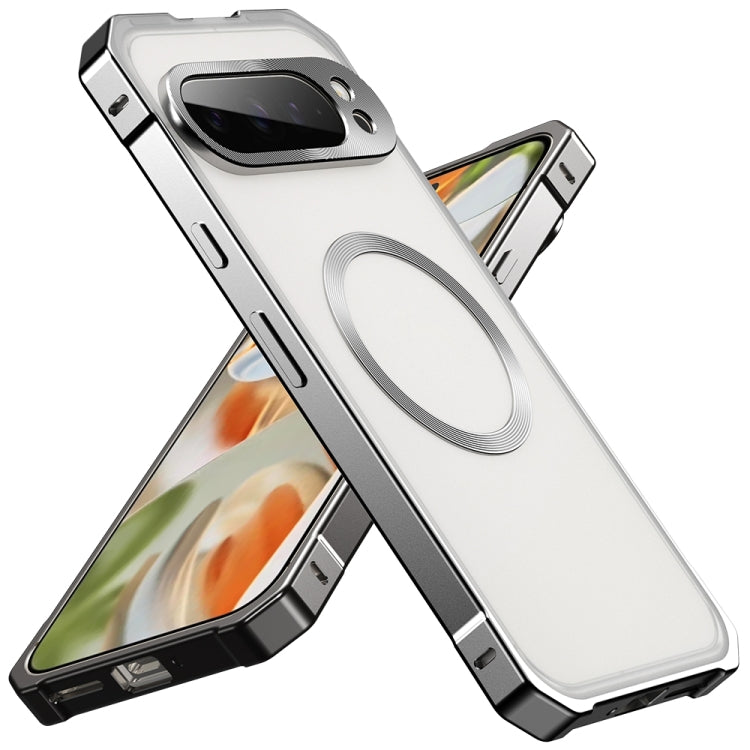 For Google Pixel 9 Pro Irregular Alloy Frame Fosted Translucent MagSafe Phone Case(Titanium) - Google Cases by PMC TechLife | Online Shopping South Africa | PMC TechLife | Buy Now Pay Later Mobicred
