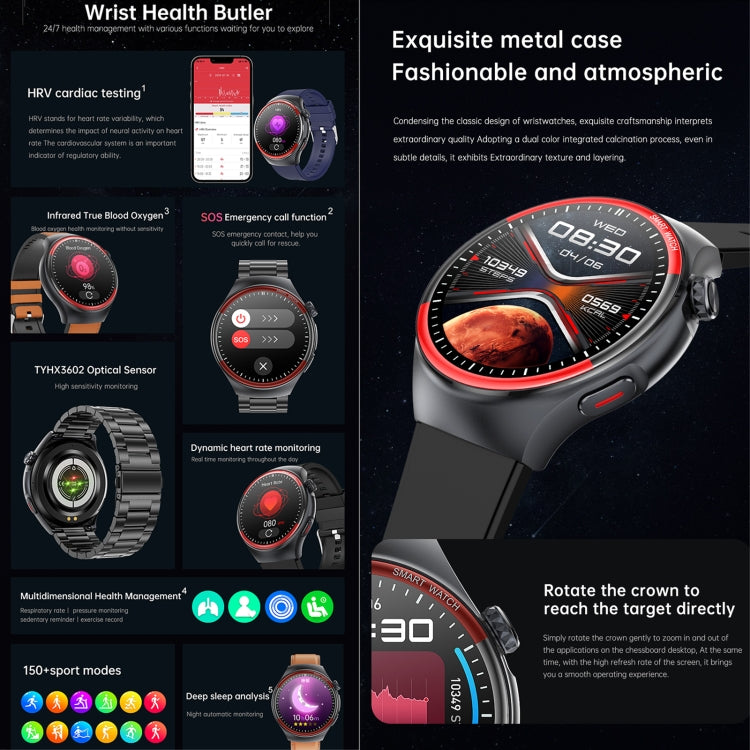 T82 1.43 inch Round Screen BT Call Smart Watch, Heart Rate / Blood Pressure / Blood Oxygen / Sleep / Blood Sugar / HRV / Metope / SOS, Strap:Silicone Blue - Smart Wristbands by PMC TechLife | Online Shopping South Africa | PMC TechLife | Buy Now Pay Later Mobicred