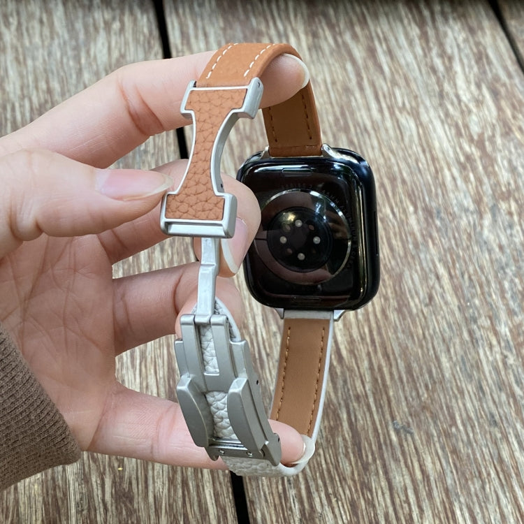 For Apple Watch 46mm / 49mm / 45mm / 44mm 14mm Magnetic Buckle Litchi Leather Watch Band(Pink Beige) - Watch Bands by PMc TechLife | Online Shopping South Africa | PMc TechLife | Buy Now Pay Later Mobicred