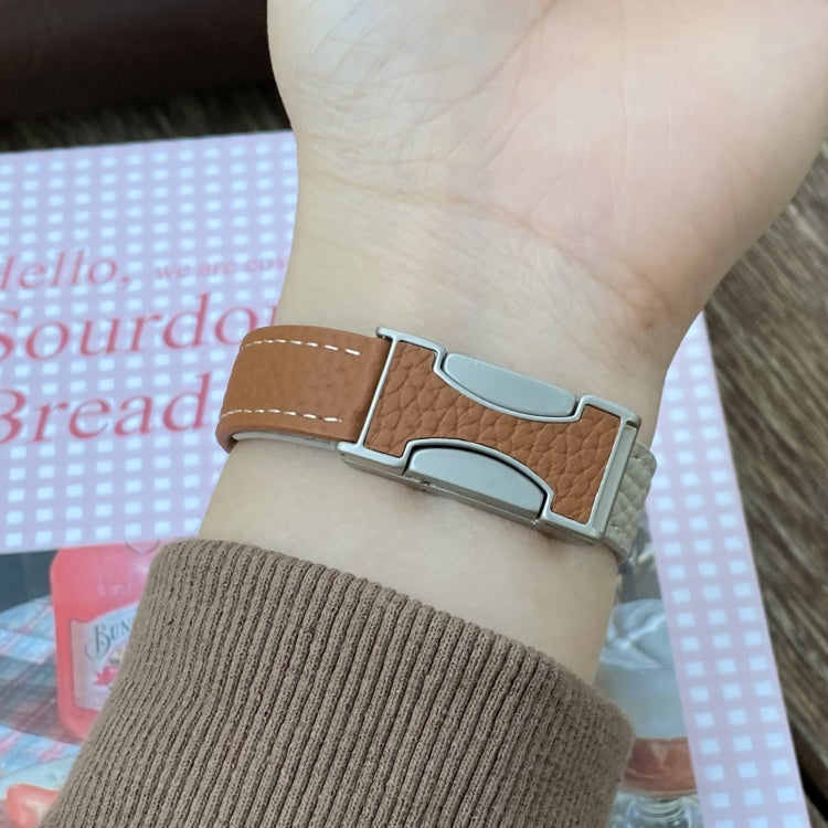 For Apple Watch 46mm / 49mm / 45mm / 44mm 14mm Magnetic Buckle Litchi Leather Watch Band(Pink Beige) - Watch Bands by PMc TechLife | Online Shopping South Africa | PMc TechLife | Buy Now Pay Later Mobicred