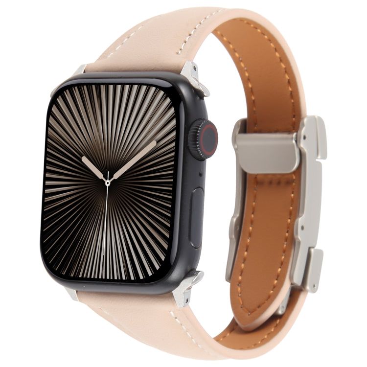 For Apple Watch 46mm / 49mm / 45mm / 44mm Slim Magnetic Buckle Genuine Leather Watch Band(Light Pink) - Watch Bands by PMc TechLife | Online Shopping South Africa | PMc TechLife | Buy Now Pay Later Mobicred