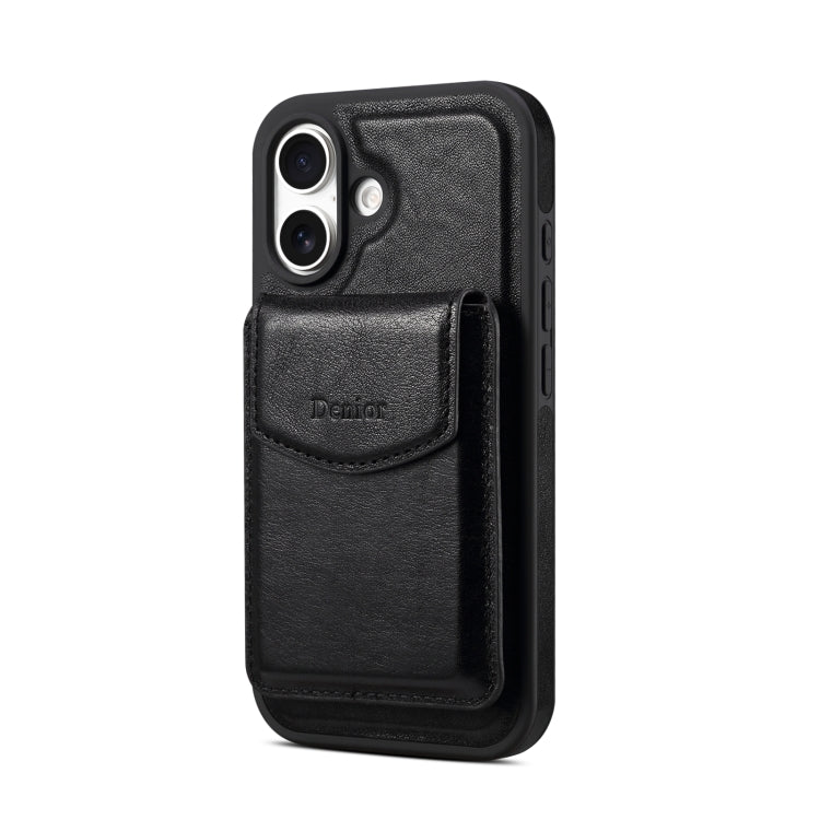 For iPhone 16 Plus Denior D22 Genuine Leather MagSafe Holder Detachable Card Slot Phone Case(Black) - free shipping - PMC Jewellery - Order now!