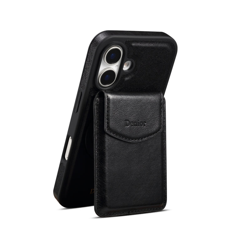 For iPhone 16 Plus Denior D22 Genuine Leather MagSafe Holder Detachable Card Slot Phone Case(Black) - free shipping - PMC Jewellery - Order now!