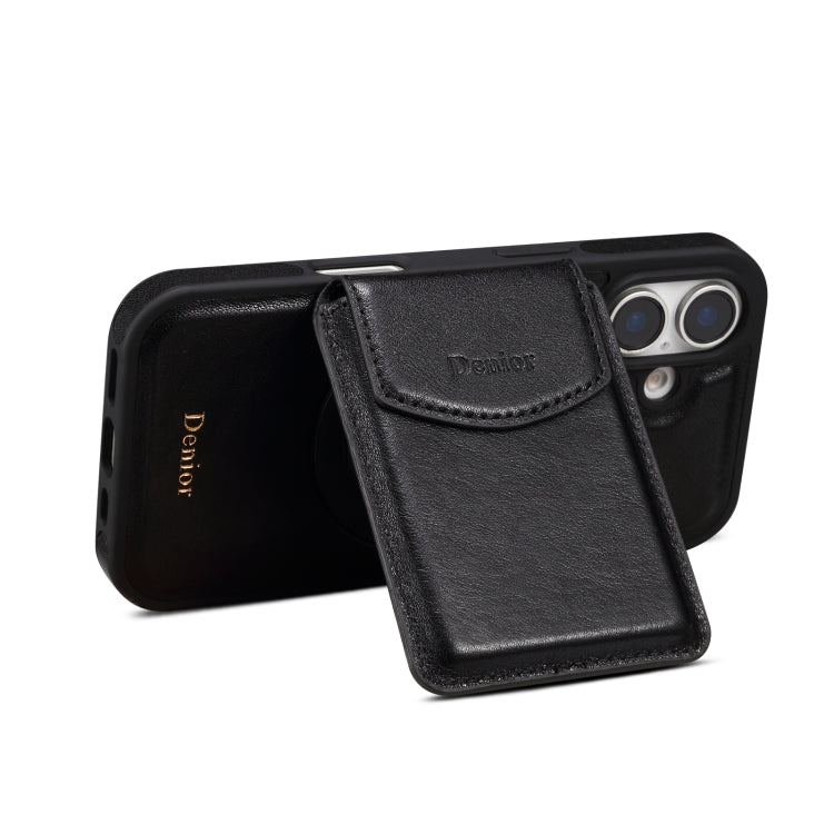 For iPhone 16 Denior D22 Genuine Leather MagSafe Holder Detachable Card Slot Phone Case(Black) - free shipping - PMC Jewellery - Order now!
