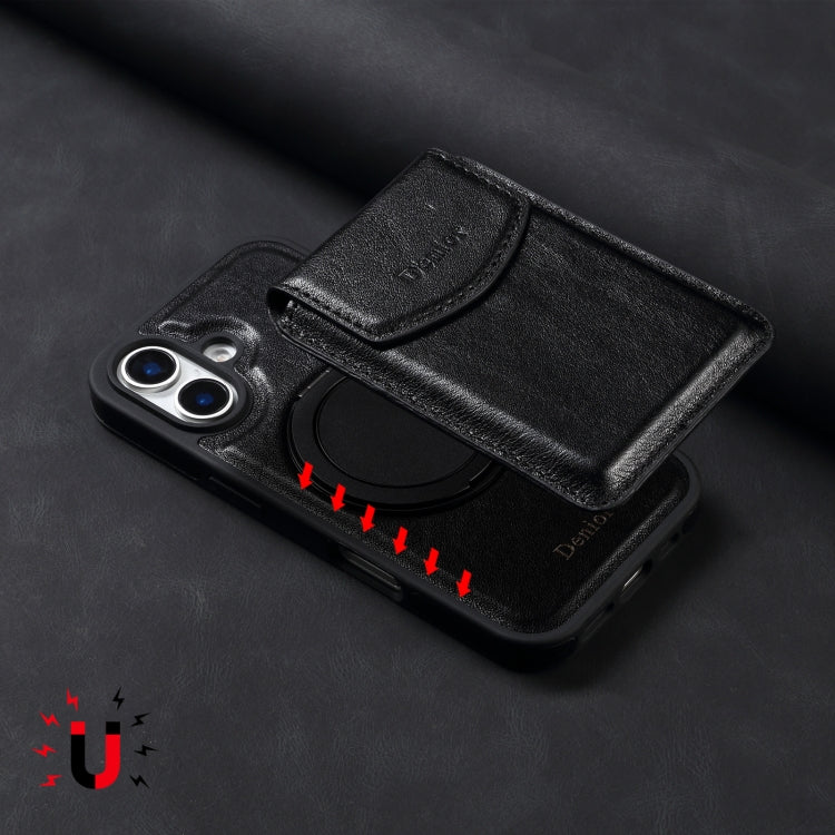 For iPhone 16 Denior D22 Genuine Leather MagSafe Holder Detachable Card Slot Phone Case(Black) - free shipping - PMC Jewellery - Order now!