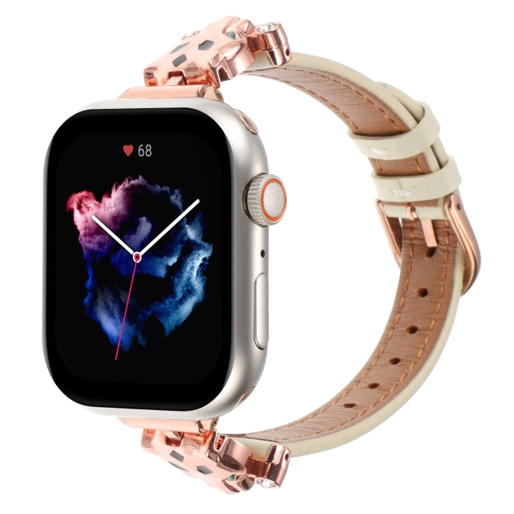 For Apple Watch 46mm / 49mm / 45mm / 44mm Leopard Head Genuine Leather Watch Band(White Rose Gold) - Watch Bands by PMc TechLife | Online Shopping South Africa | PMc TechLife | Buy Now Pay Later Mobicred