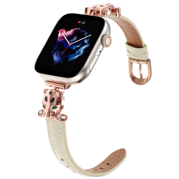For Apple Watch 46mm / 49mm / 45mm / 44mm Leopard Head Genuine Leather Watch Band(White Rose Gold) - Watch Bands by PMc TechLife | Online Shopping South Africa | PMc TechLife | Buy Now Pay Later Mobicred