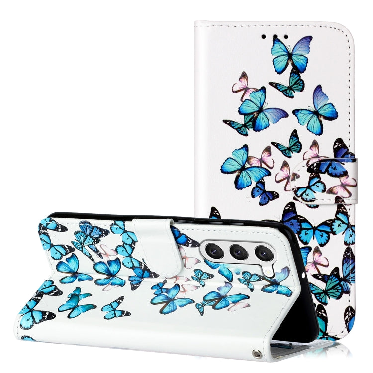 For Samsung Galaxy S25 5G Colored Drawing Marble Pattern Leather Phone Case(Little Blue Butterflies) - Galaxy S25 5G Cases by PMC Jewellery | Online Shopping South Africa | PMC Jewellery | Buy Now Pay Later Mobicred