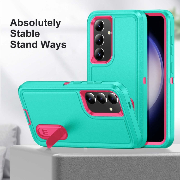 For Samsung Galaxy S24 / S25 5G Rugged PC Hybrid Silicone Phone Case with Holder(Light Green+Rose Red) - Galaxy S25 5G Cases by PMC Jewellery | Online Shopping South Africa | PMC Jewellery | Buy Now Pay Later Mobicred